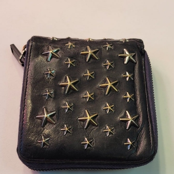 Jimmy Choo Navy Blue Silver Star Studded Martina Leather Zipper Bi-fold Wallet - Picture 2 of 14